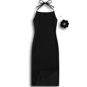 Luvalot Black Glitter Halter Maxi Dress Side Slit Open Back Size 4